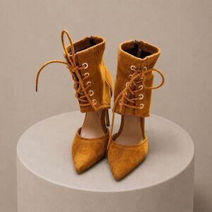 Anne Michelle Womens Size 7 Camel Suede Lace Up Stiletto Heels Pointed Toe